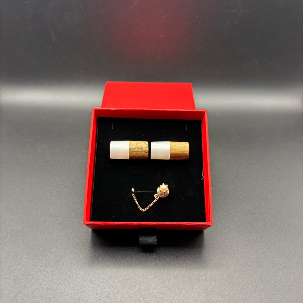 Vintage Wood White Inlay Cufflinks Pearl Tie Tack Gold Tone Mens Dress Set